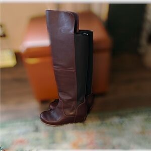 Sorel Fiona OTK Over The Knee Lux Rich Wine Leather Waterproof Boot Wedge Sz 9.5